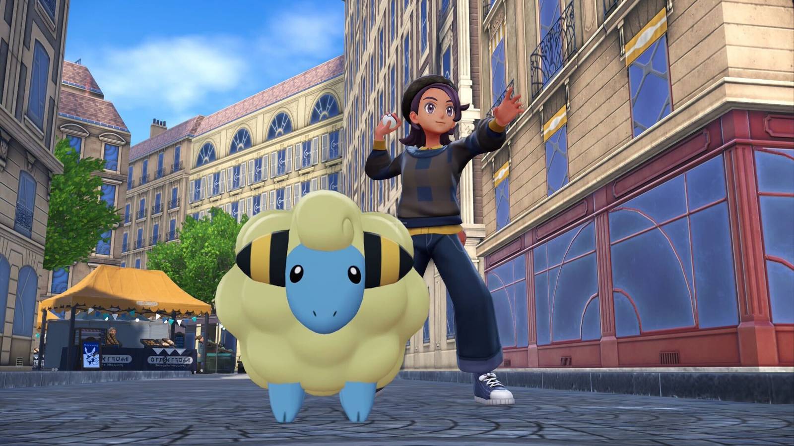 Um treinador Pokémon mira uma Pokébola atrás de um Mareep em Pokémon Legends: ZA.