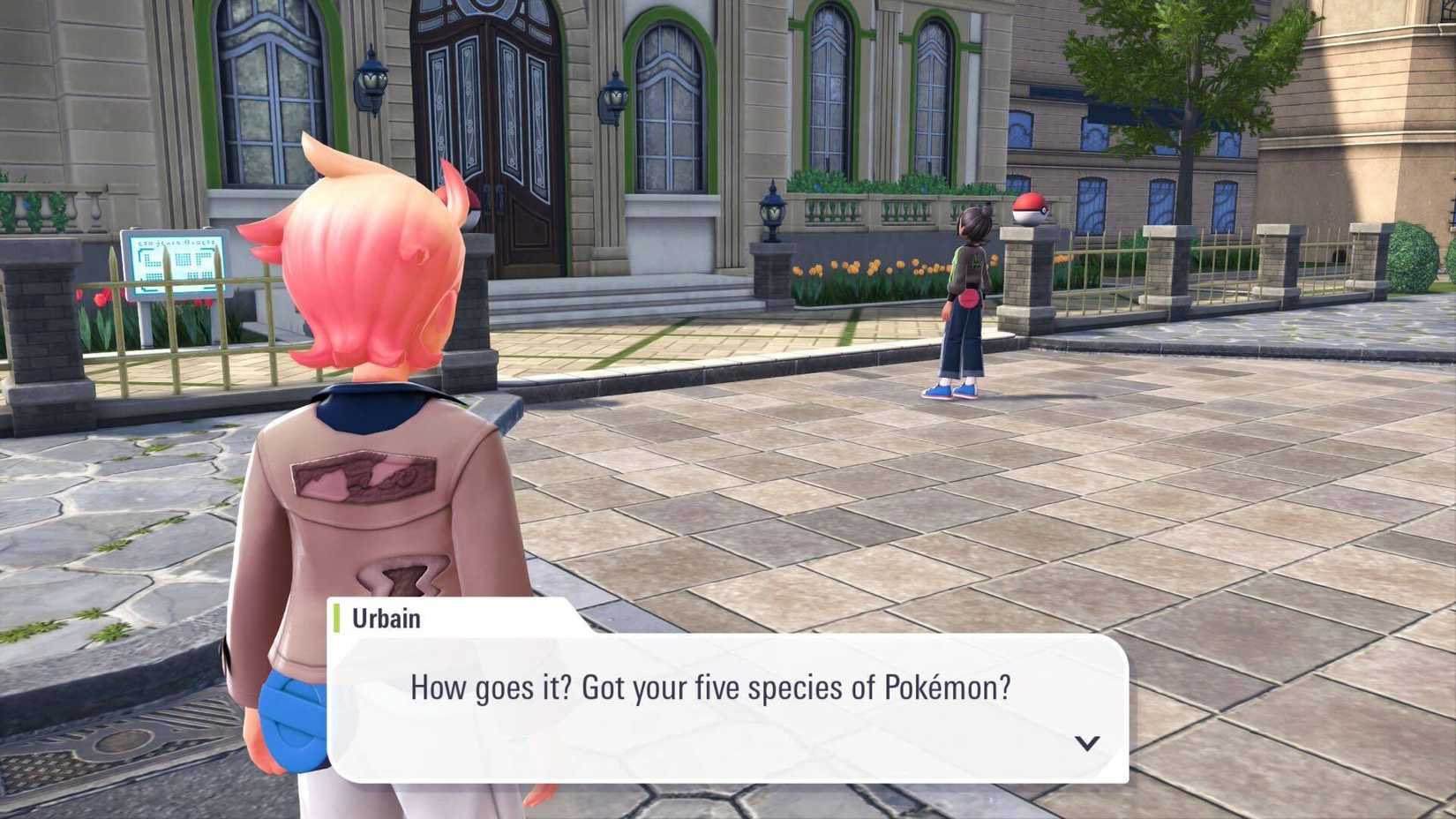 Urbain se aproxima do personagem do jogador por trás e pergunta se ele já capturou cinco espécies de Pokémon.