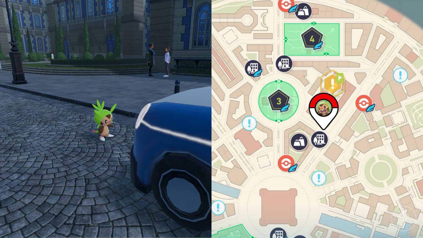 Chespin parado na frente de um táxi em Pokémon Legends: ZA.