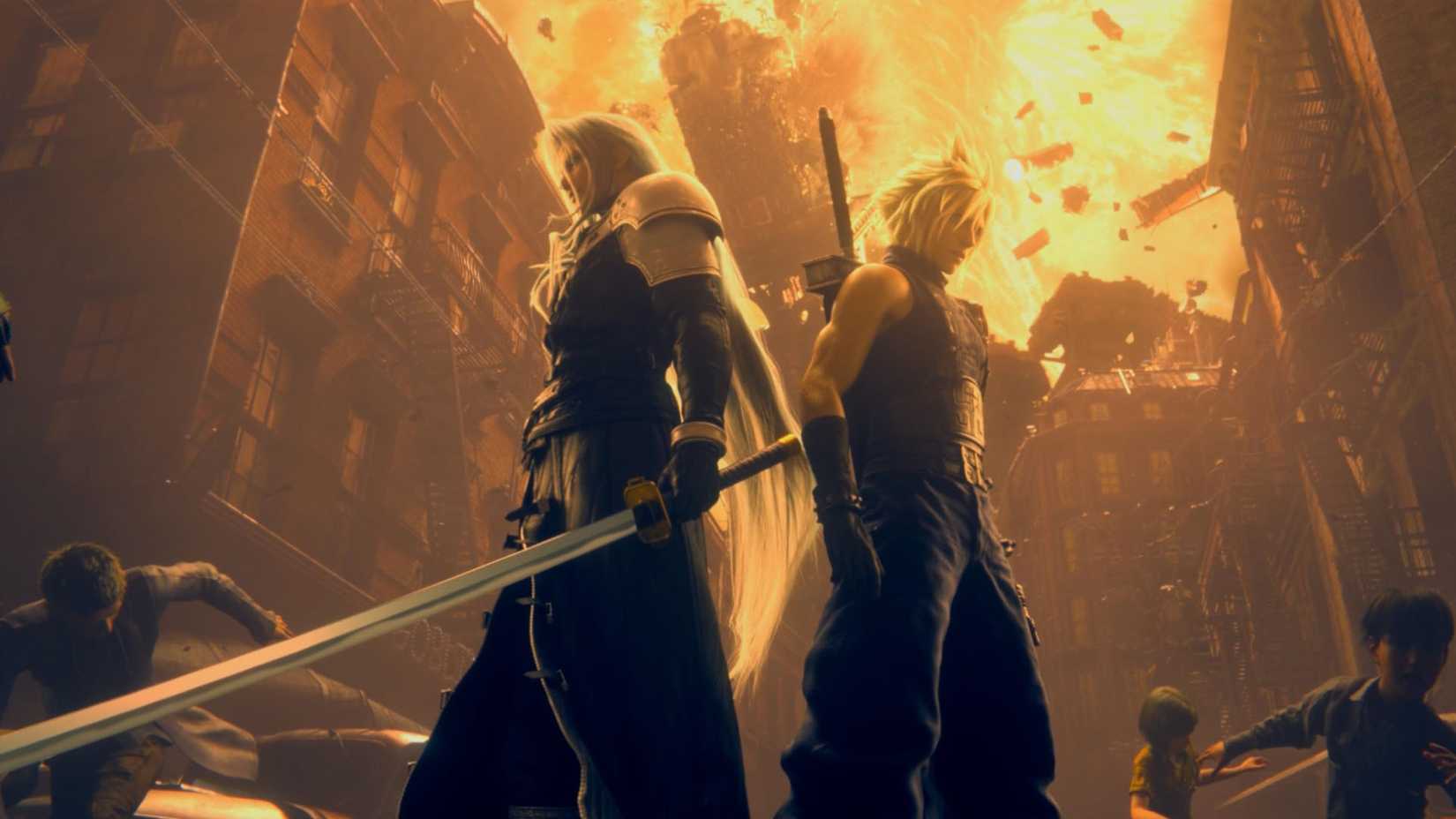 Uma captura de tela de Final Fantasy 7 Remake mostrando Sephiroth e Cloud
