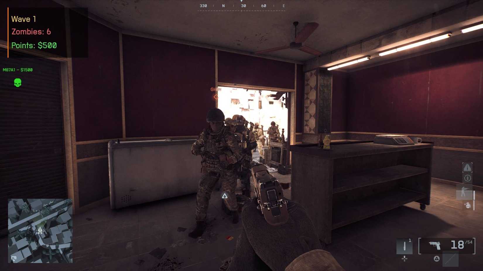 O jogador aponta uma pistola para um bando de soldados de IA parecidos com zumbis em uma loja no Battlefield 6.