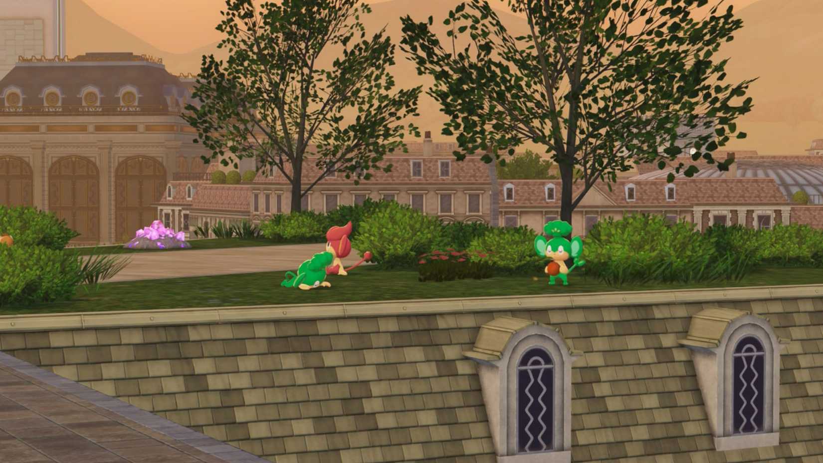 Três macacos pan relaxando em um telhado em Pokémon Legends: ZA.