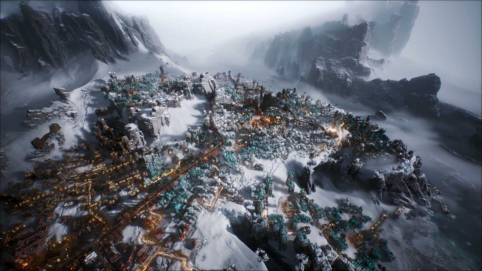 Uma cidade sendo construída na neve entre algumas montanhas em Frostpunk 2.