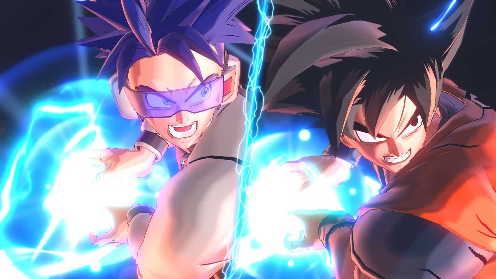 Um personagem personalizado e Goku lado a lado em uma imagem de Dragon Ball XenoVerse 2.