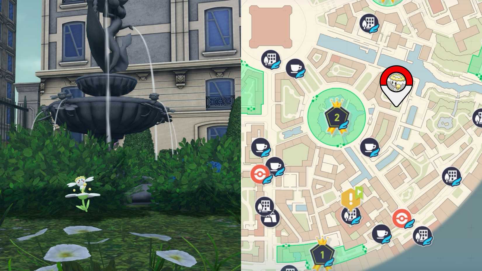 Um Flabébé branco esperando ao lado de uma estátua e flores brancas em Pokémon Legends: ZA.