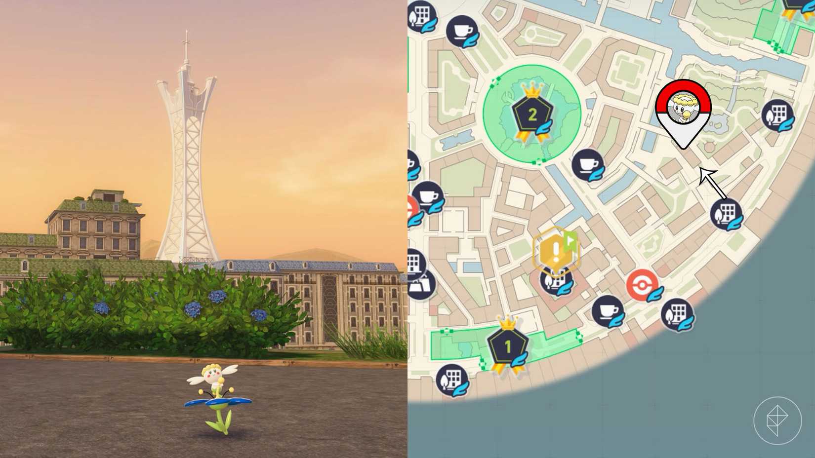 Um Flabébé azul sentado em um telhado ao lado de flores azuis em Pokémon Legends: ZA.