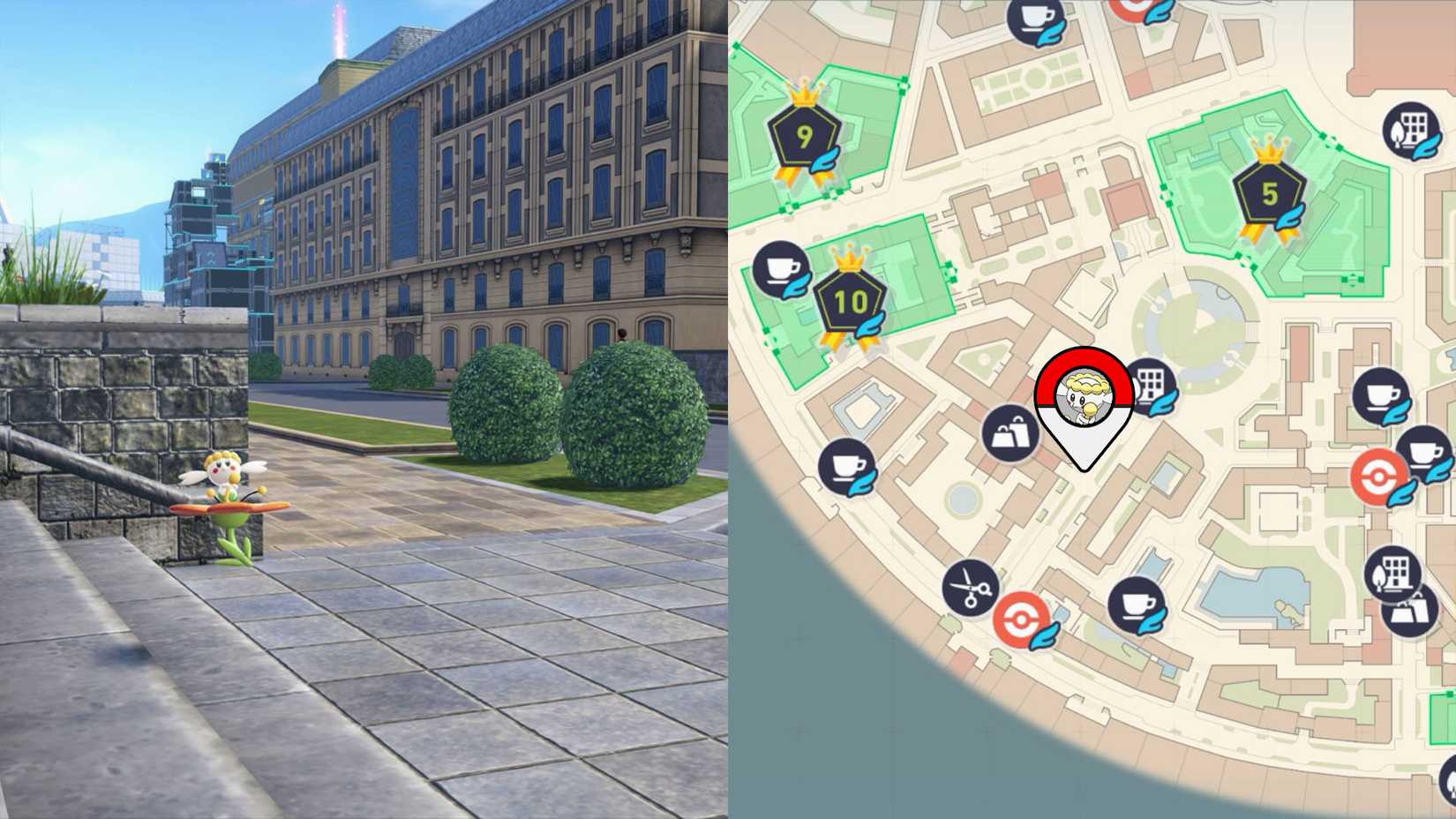 Um Flabébé laranja pairando na calçada em Pokémon Legends: ZA.