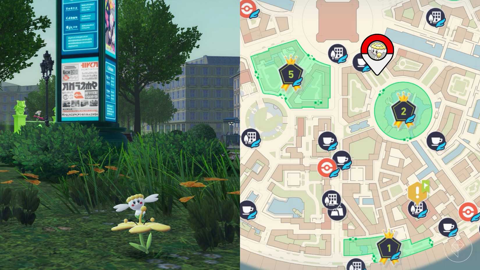 Um Flabébé amarelo sentado em um canteiro de flores amarelas em Pokémon Legends: ZA.