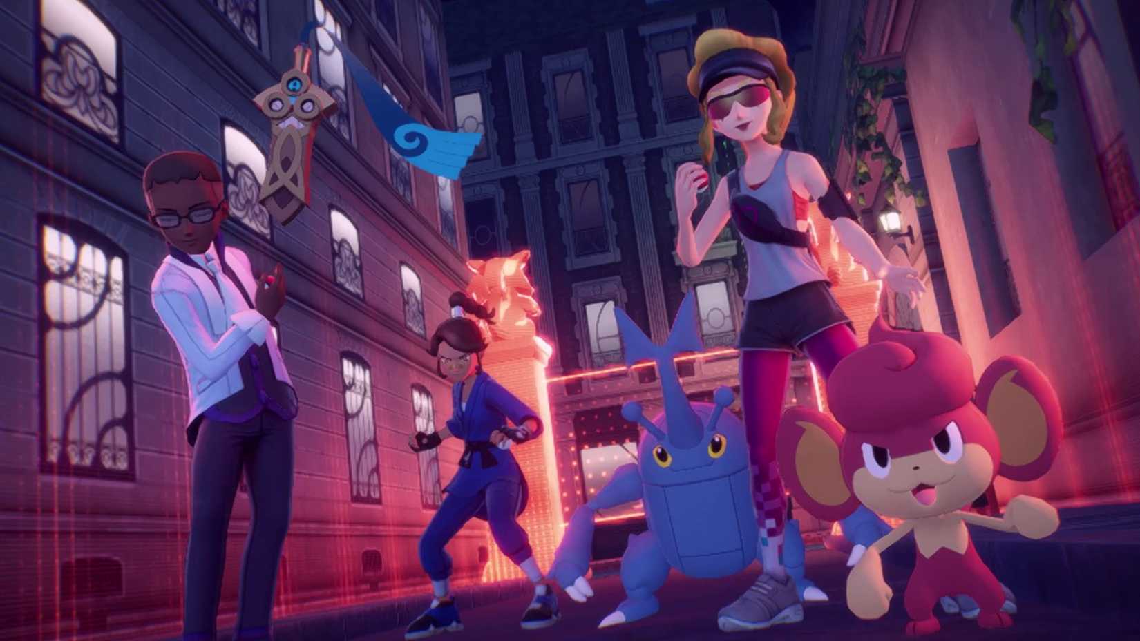 Treinadores e seus Pokémon aguardam em uma zona de batalha em Pokémon Legends: ZA.