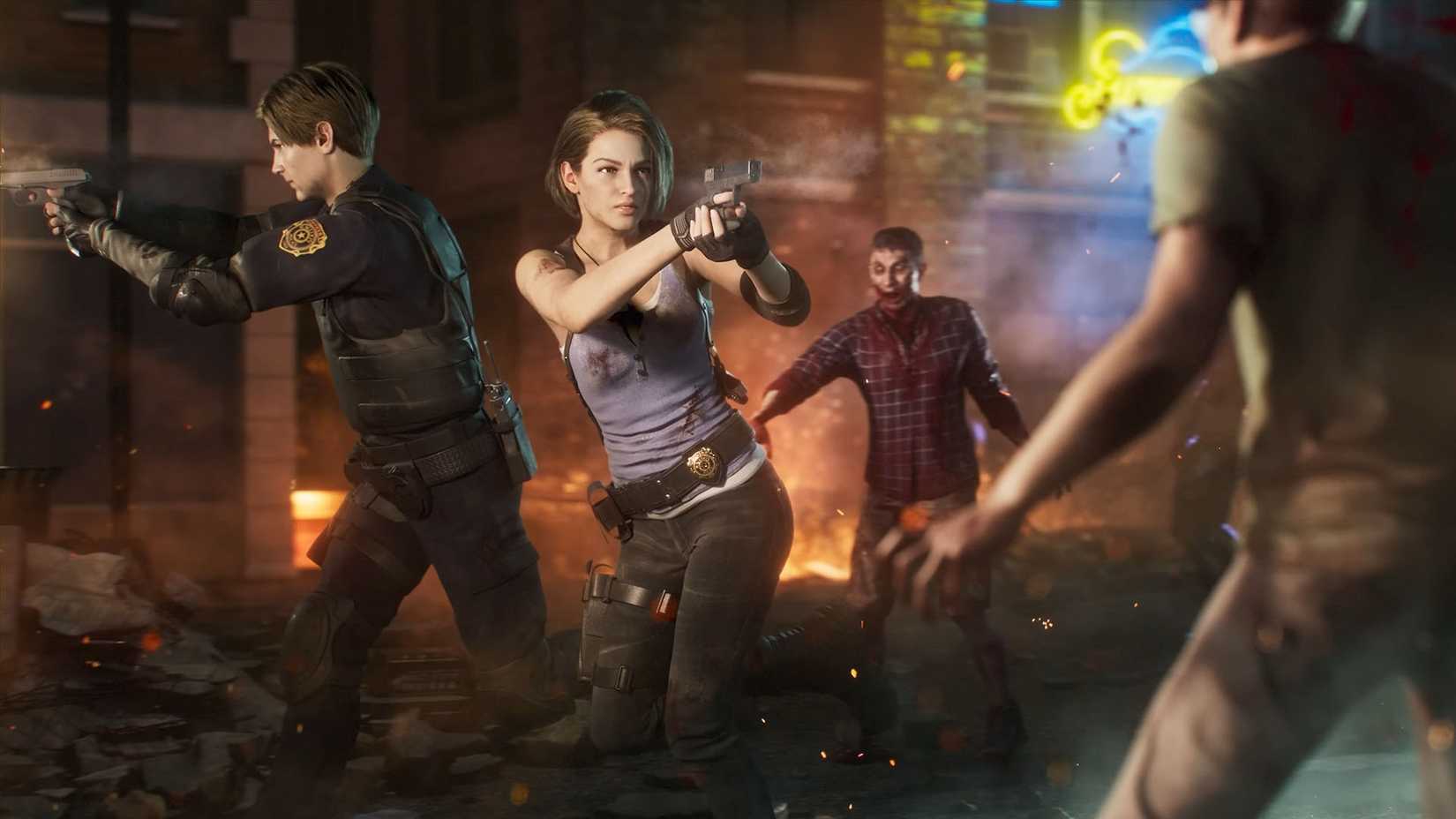 Uma imagem de Resident Evil Survival Unit mostrando Kill e Leon atirando em dois zumbis