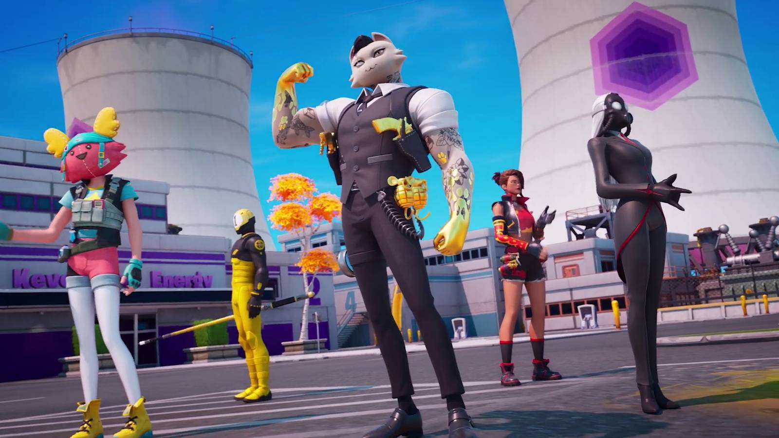 Uma imagem de um trailer da temporada OG de Fortnite. Mostra um monte de novos personagens em um local que parece uma usina nuclear.