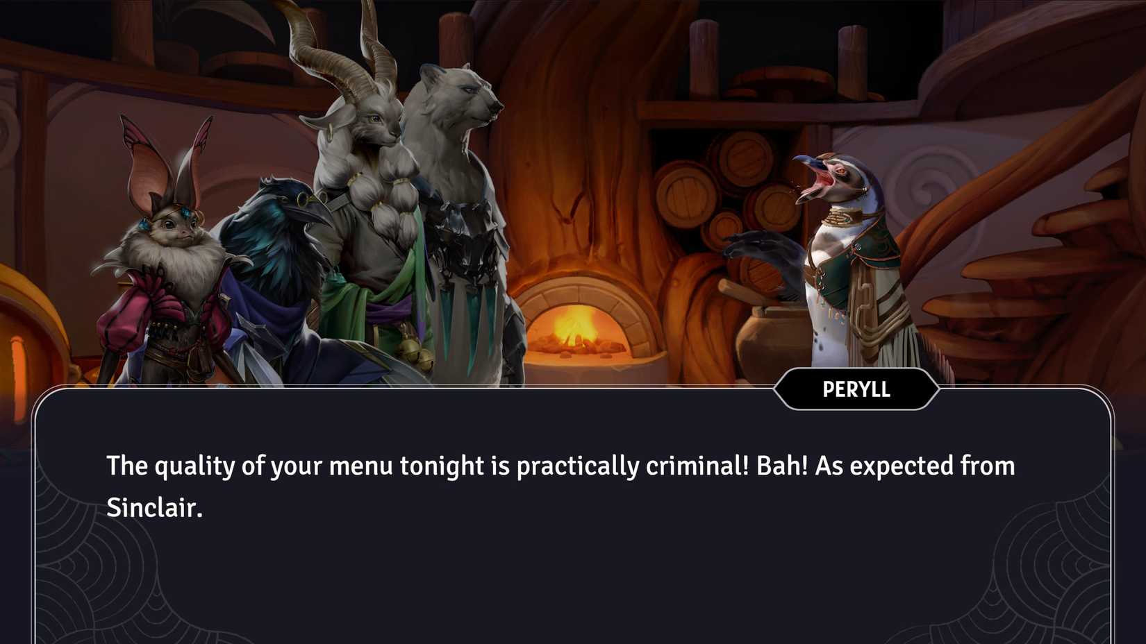 Sunderfolk Peryll reclamando do cardápio da taverna.