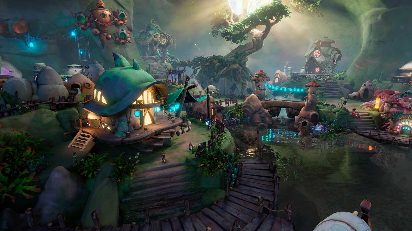 Cidade de Arden, em Sunderfolk, com foco na oficina com uma grande árvore ao fundo.