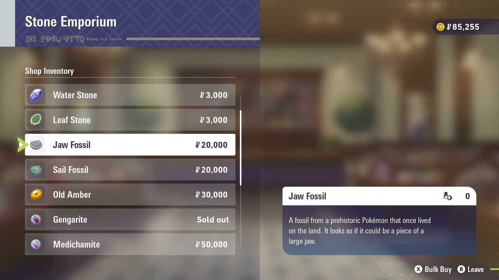 Comprando fósseis do Stone Emporium em Pokémon Legends ZA.