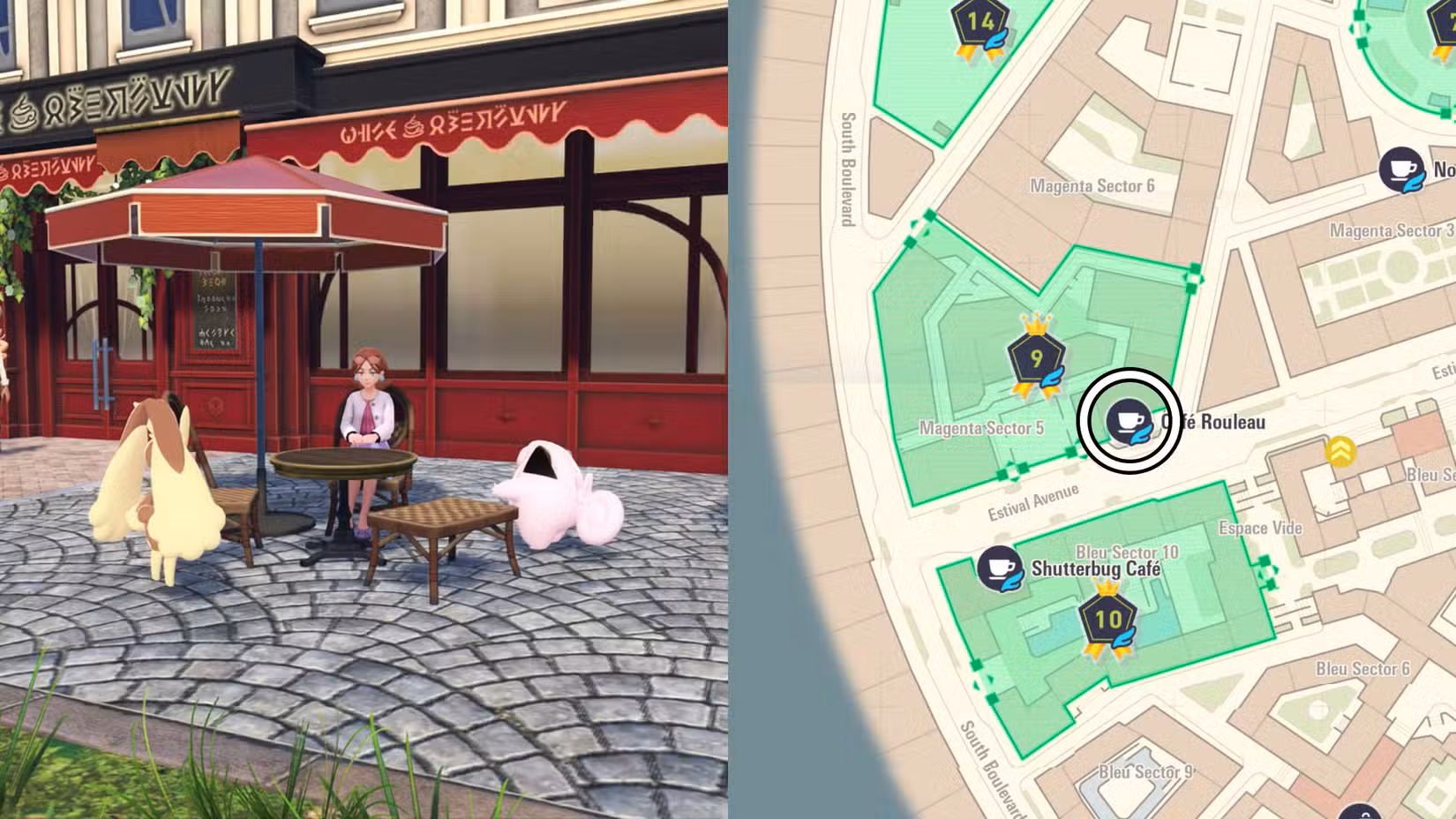 Chou sentado em uma mesa do lado de fora do Café Rouleau em Pokémon Legends: ZA.