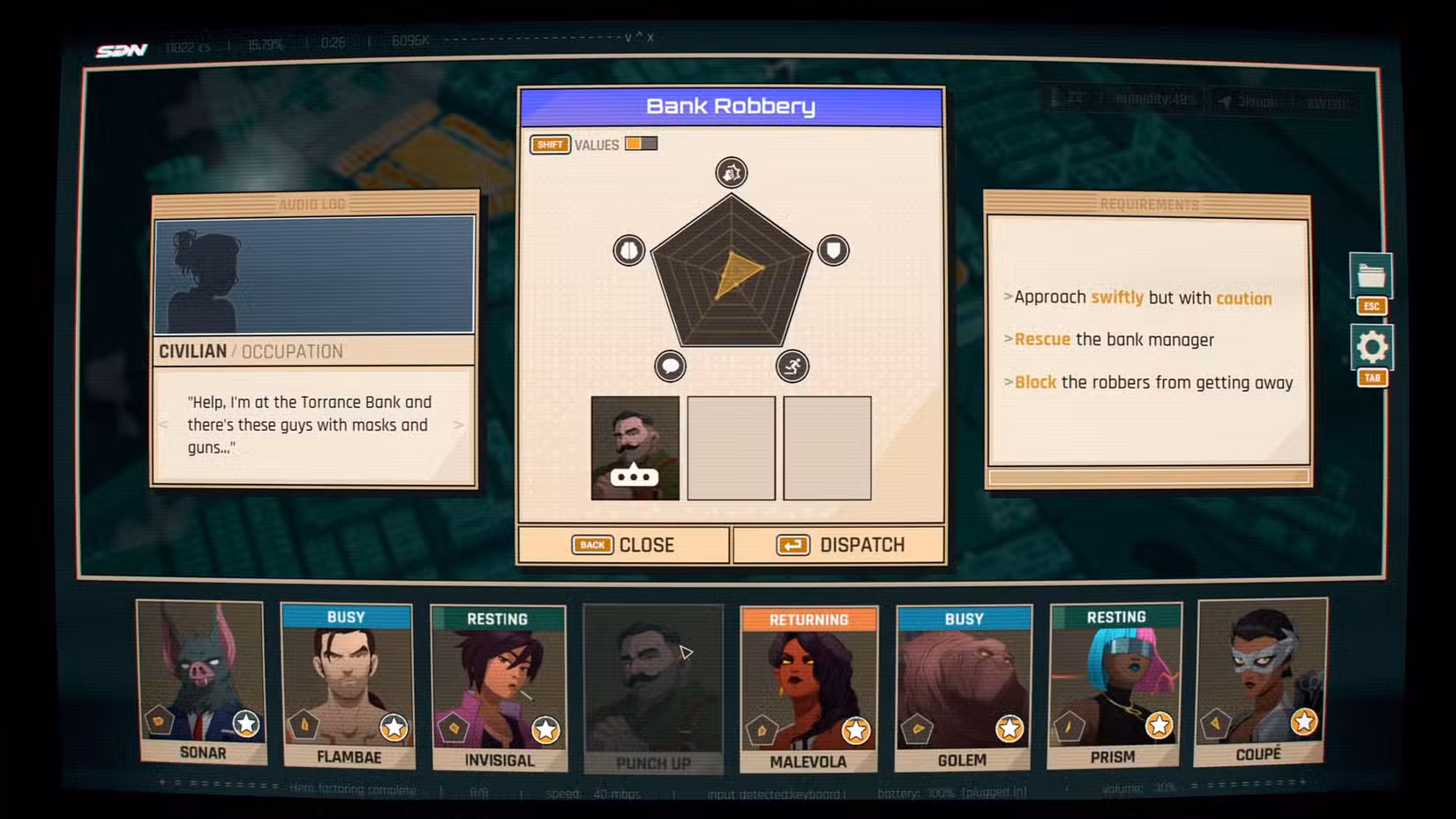 Uma captura de tela oficial do Dispatch mostrando uma tela com as estatísticas de um personagem.