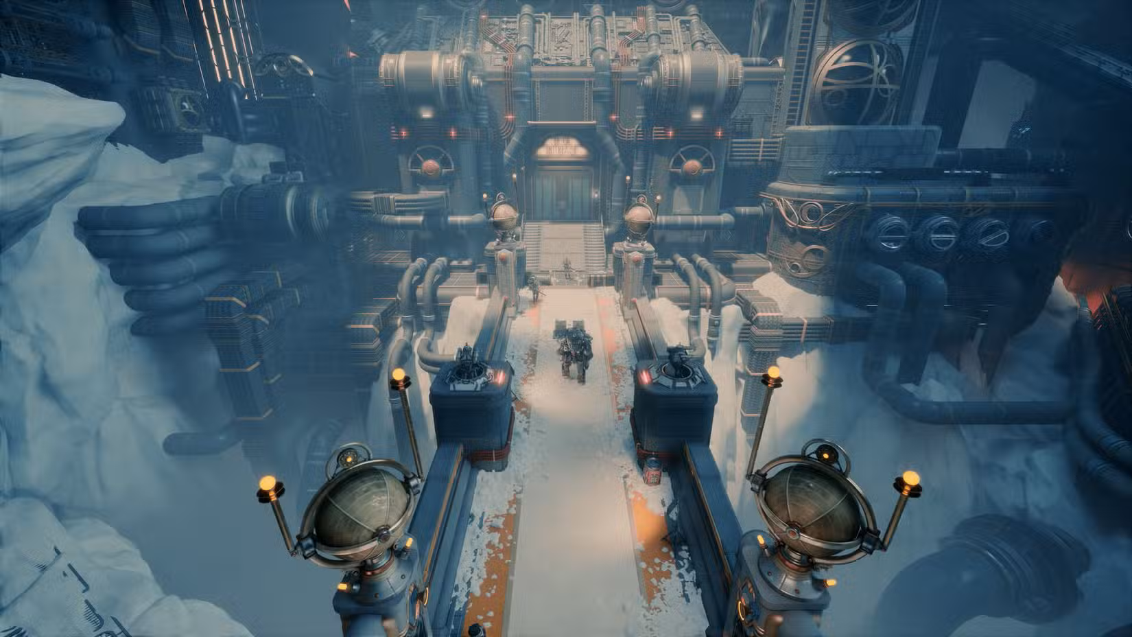 Uma captura de tela oficial de The Outer Worlds 2 mostrando um dos locais do jogo coberto de neve