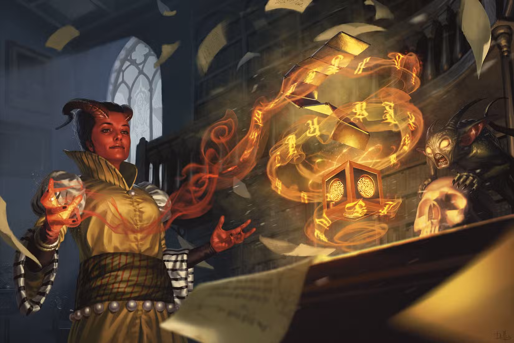 O conteúdo da misteriosa caixa de quebra-cabeças de Thavius ​​Kreeg é revelado. Um tiefling lança um feitiço no pequeno item dourado enquanto um demônio observa. De Baldur's Gate da Wizards of the Coast: Descida ao Avernus.