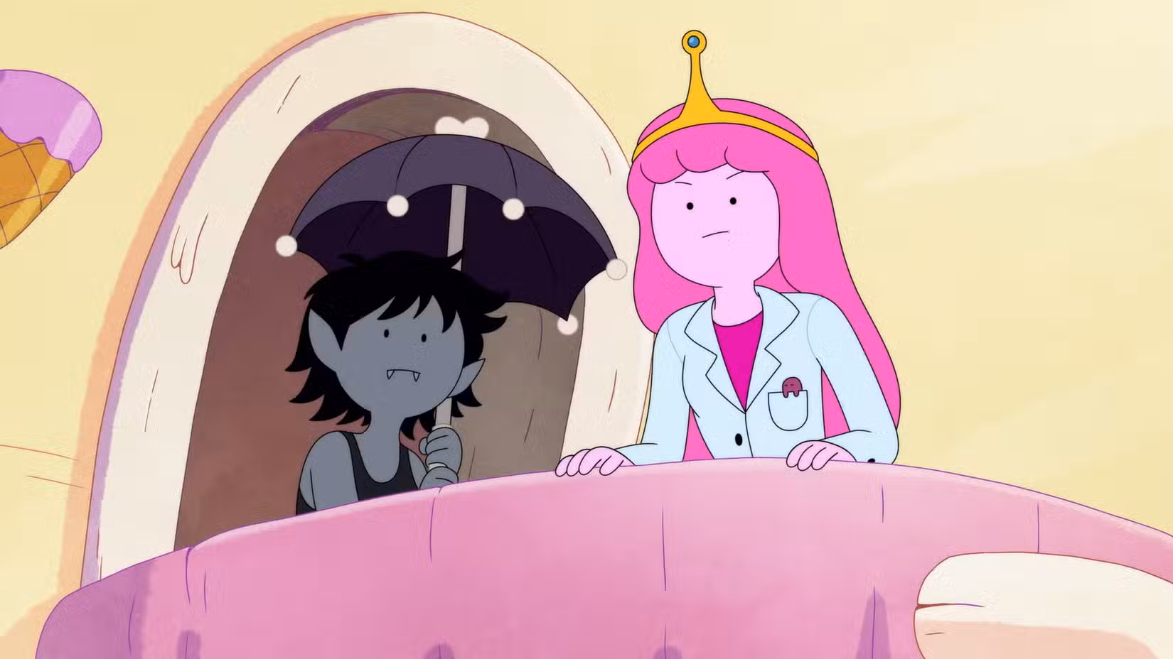 Cena de Fionna e Cake mostrando Marceline e Bubblegum em uma varanda.