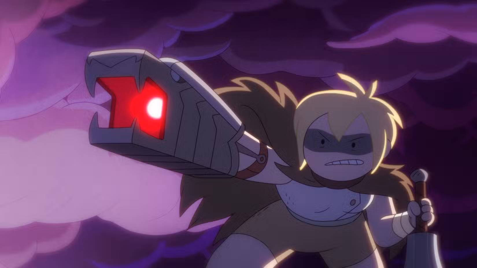 Fionna com uma arma no braço, mirando.