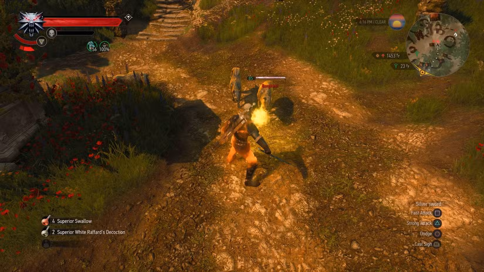 Geralt em The Witcher 3 lutando contra um bando de barghest enquanto Quen está ativo.
