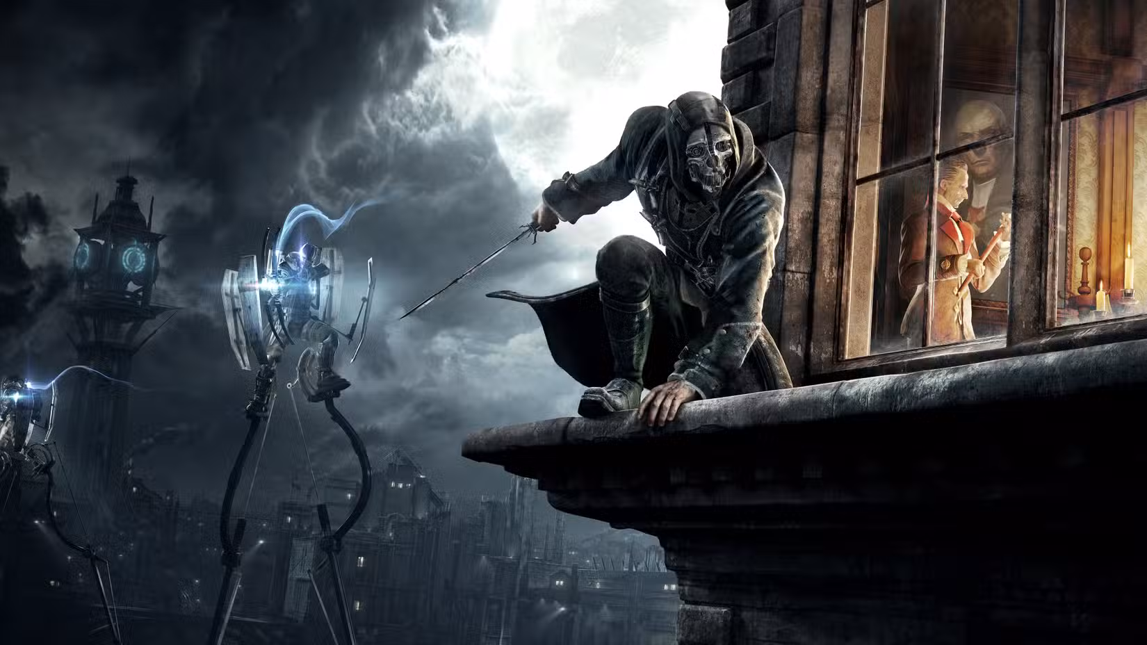 Corvo fica do lado de fora de uma mansão na arte principal de Dishonored