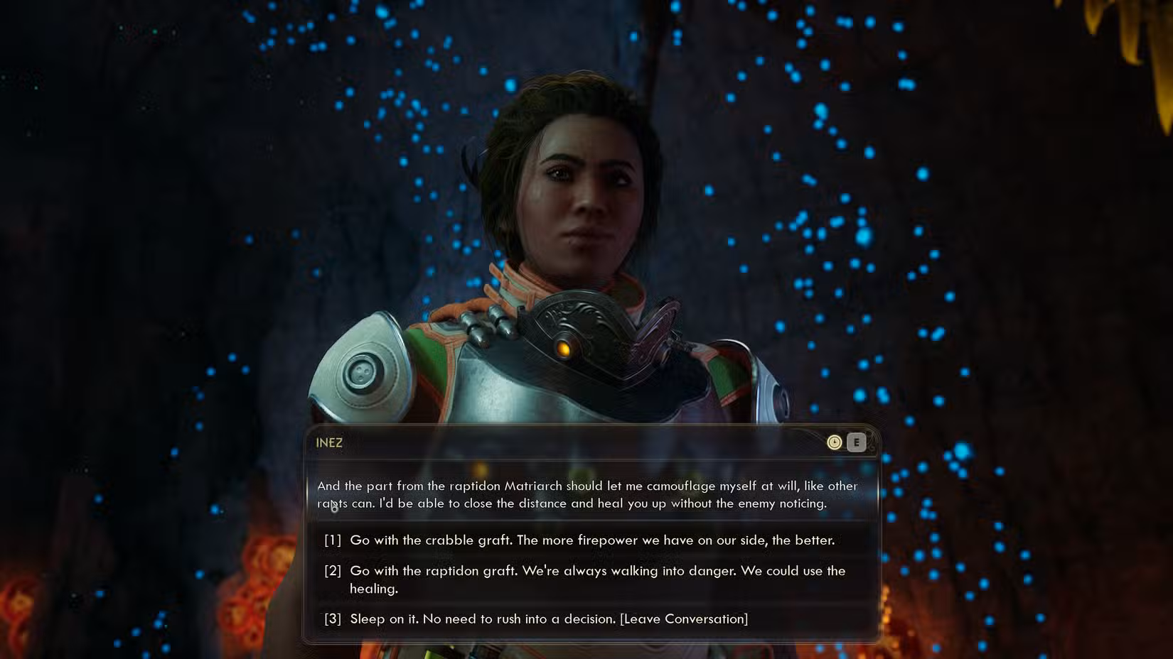 Inez pensando no que pode fazer com seu enxerto em Outer Worlds 2