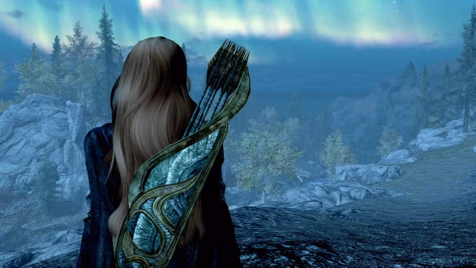 Um personagem de Skyrim está na beira de um penhasco, olhando para longe com árvores e pedras espalhadas