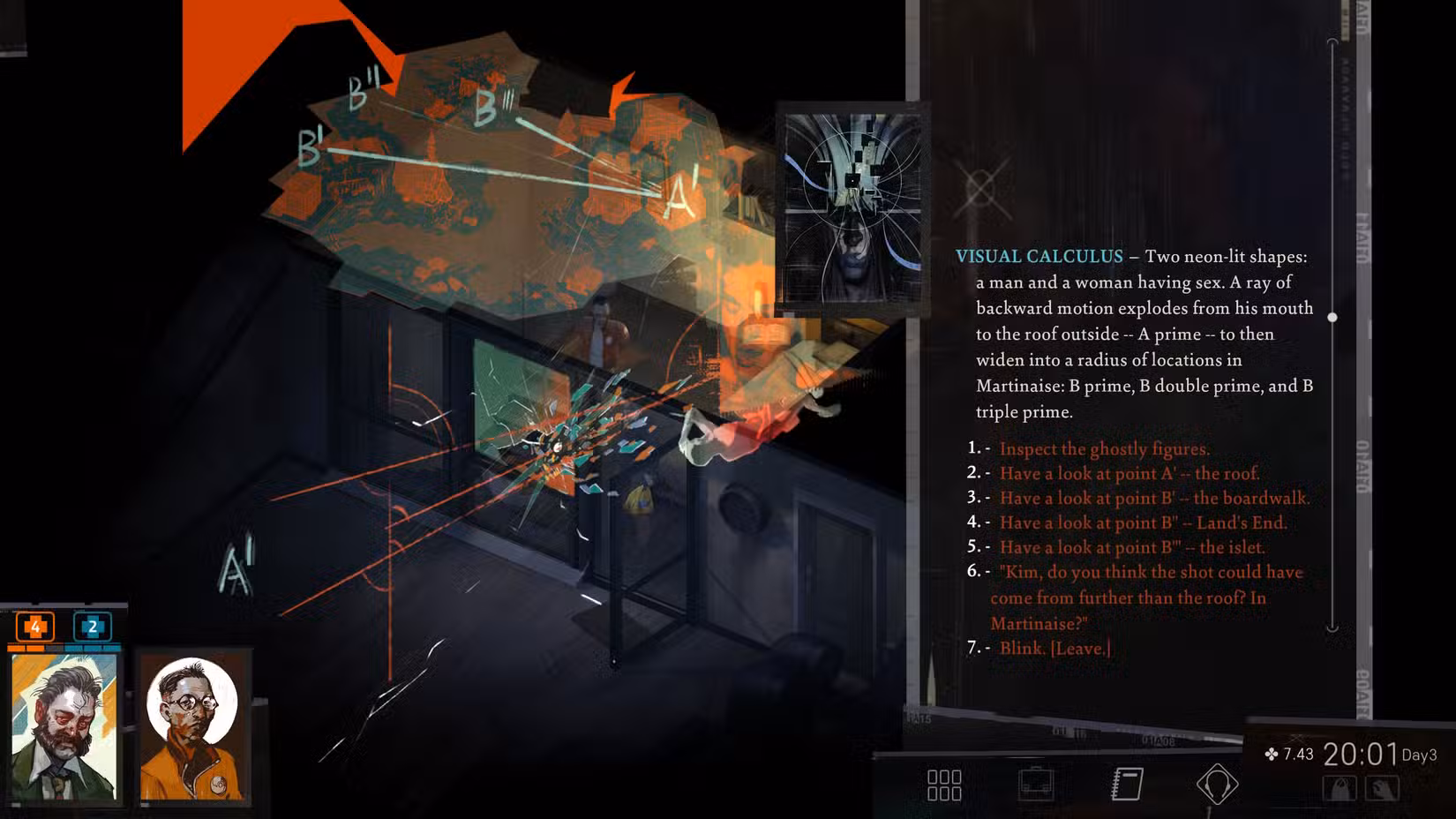 Harry usando cálculo visual para determinar os pontos de origem de um tiro em Disco Elysium