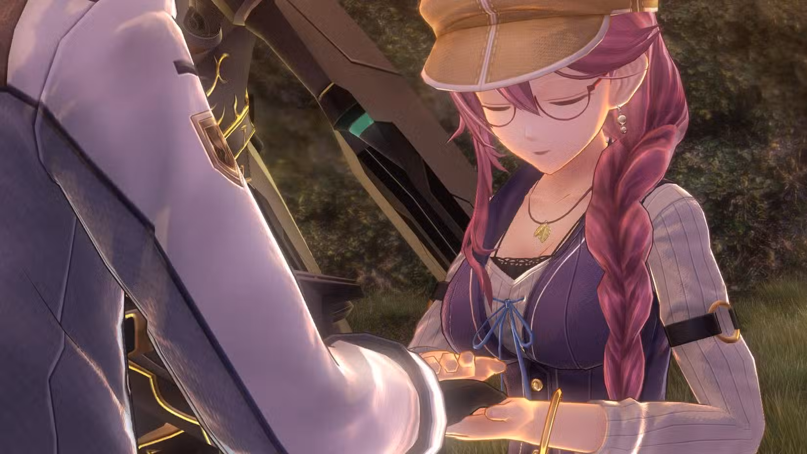 Uma captura de tela de Trails of Cold Steel 3 mostrando Emma Millstein segurando a mão de Rean. Ela está com os olhos fechados e usa óculos e chapéu.