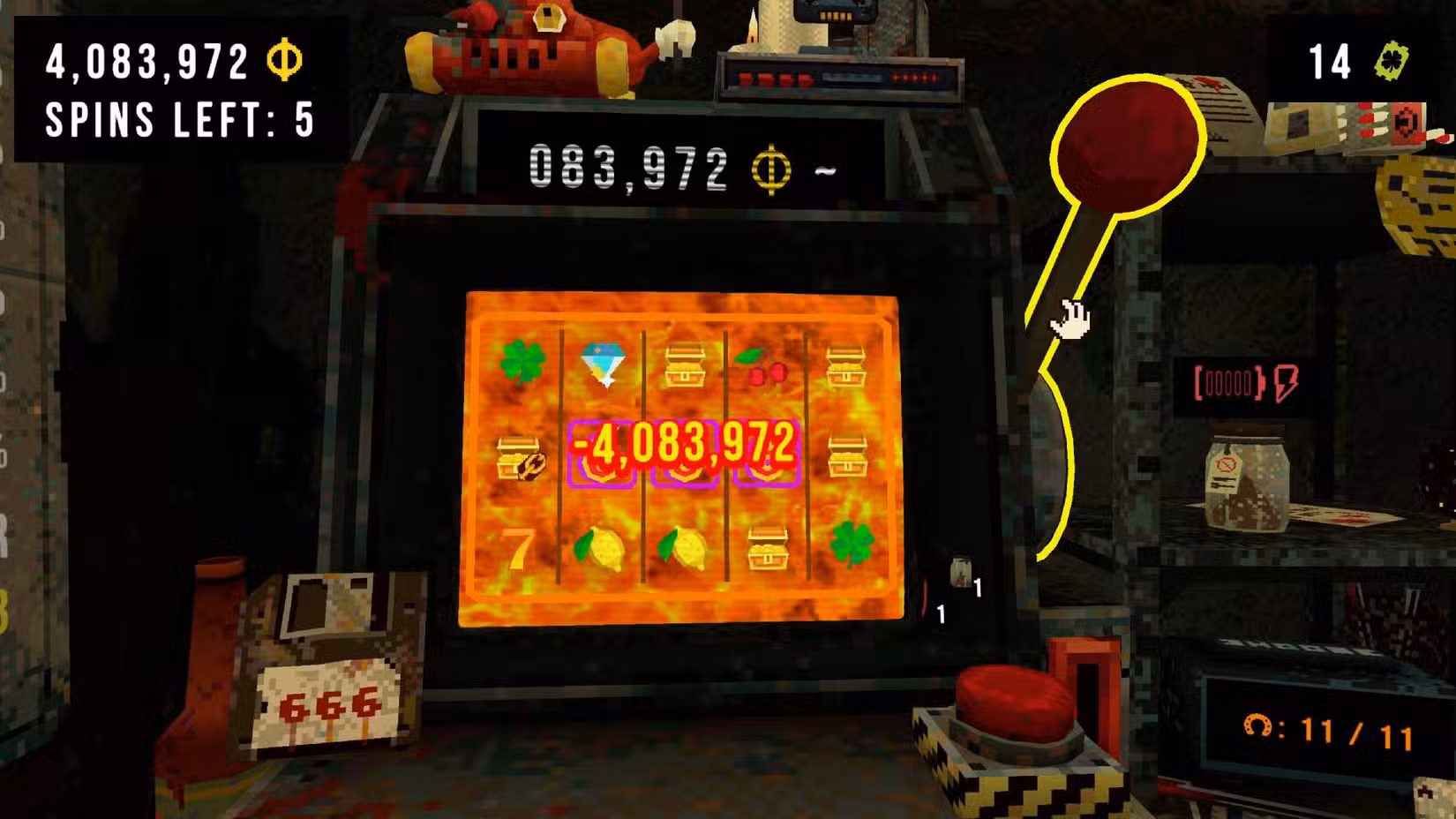 Acertar 666 na máquina caça-níqueis CloverPit, que tira todas as moedas ganhas até o momento naquela rodada.