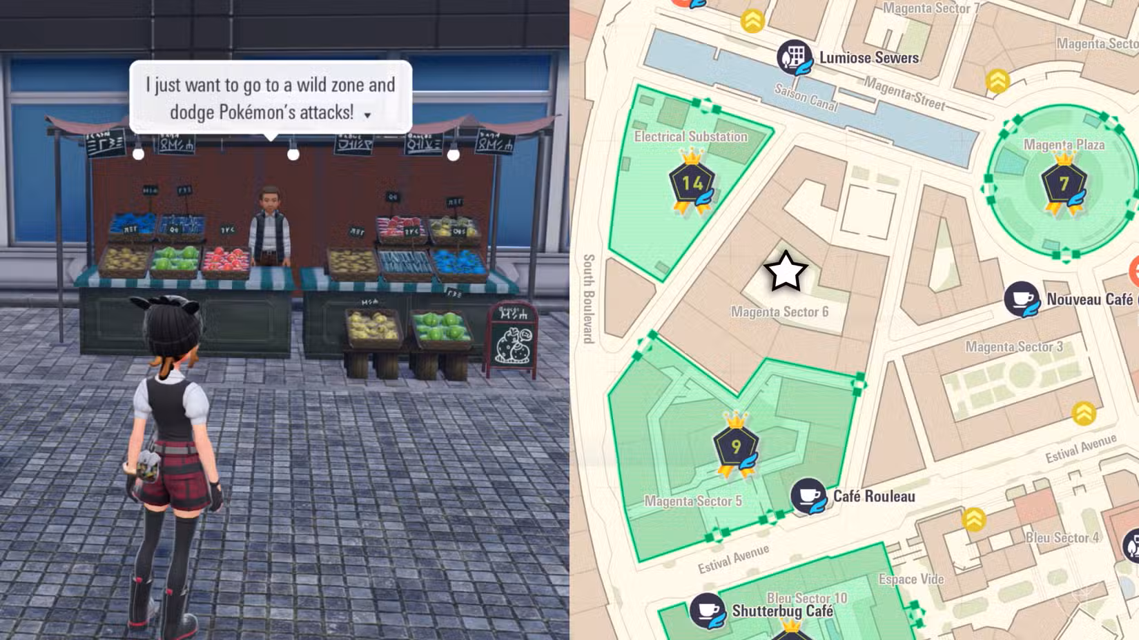 jlee_251027_1003_LZA_berry_5Um treinador Pokémon está em frente a uma barraca de frutas silvestres em um mercado no Setor Magenta 6.