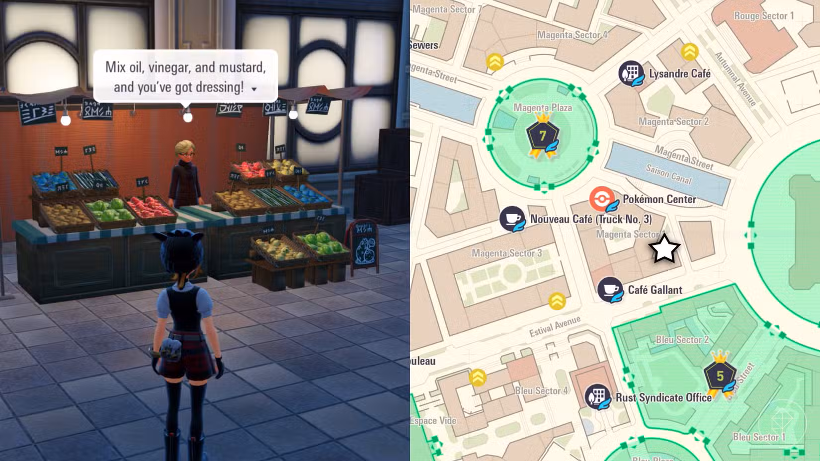 Um treinador Pokémon está em frente a uma barraca de frutas silvestres no canto do Setor Magenta 1.