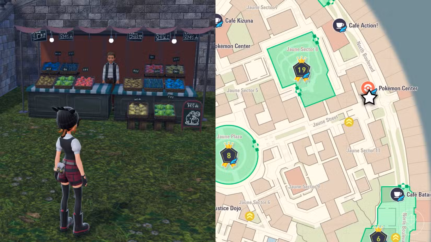 Um treinador Pokémon está em frente a uma barraca de frutas silvestres perto do Restaurante Le Nah.
