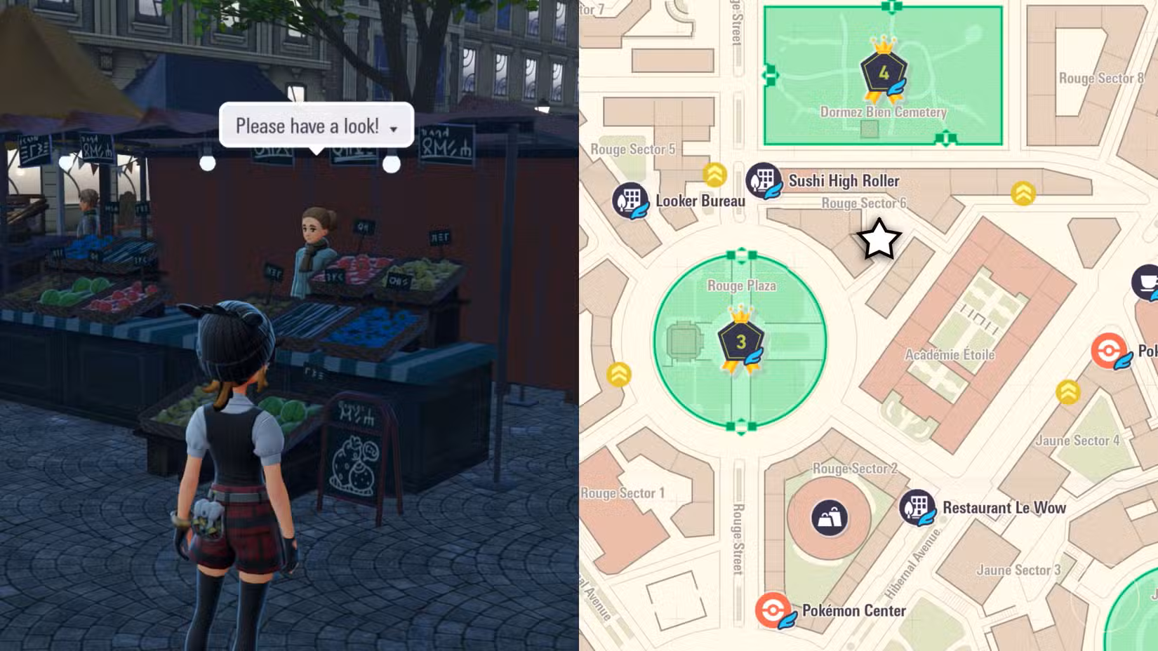 Um treinador Pokémon está em frente a uma barraca de frutas silvestres em um mercado próximo ao Sushi High Roller.