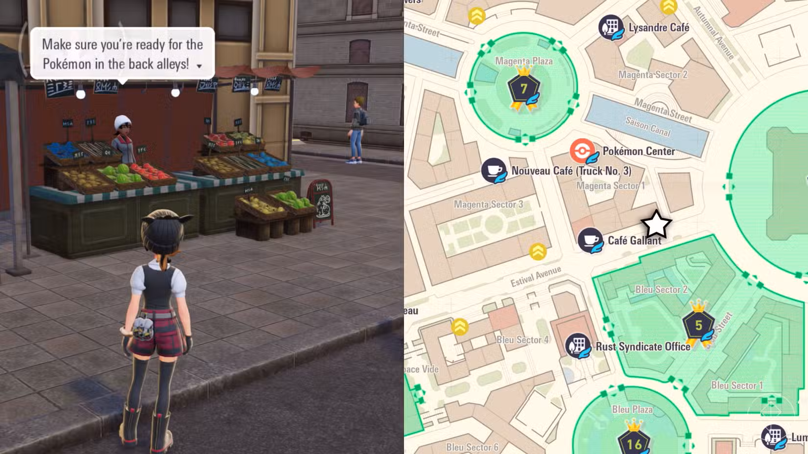 Um treinador Pokémon está em frente a uma barraca de frutas silvestres na lateral de uma rua principal.