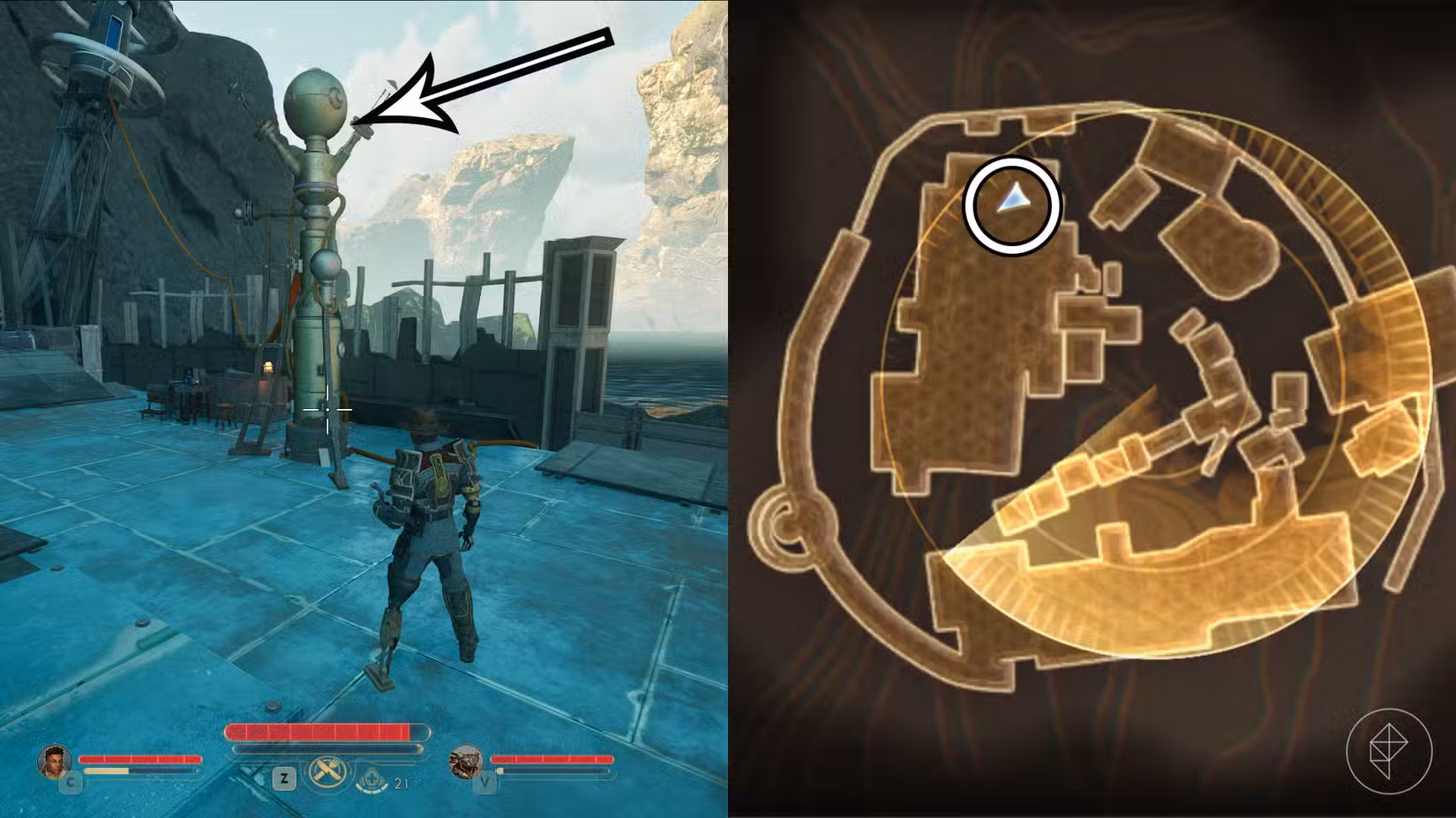Uma montagem de duas capturas de tela de The Outer Worlds 2 mostrando onde encontrar a pista número 5 na missão Medidas Arbitrárias
