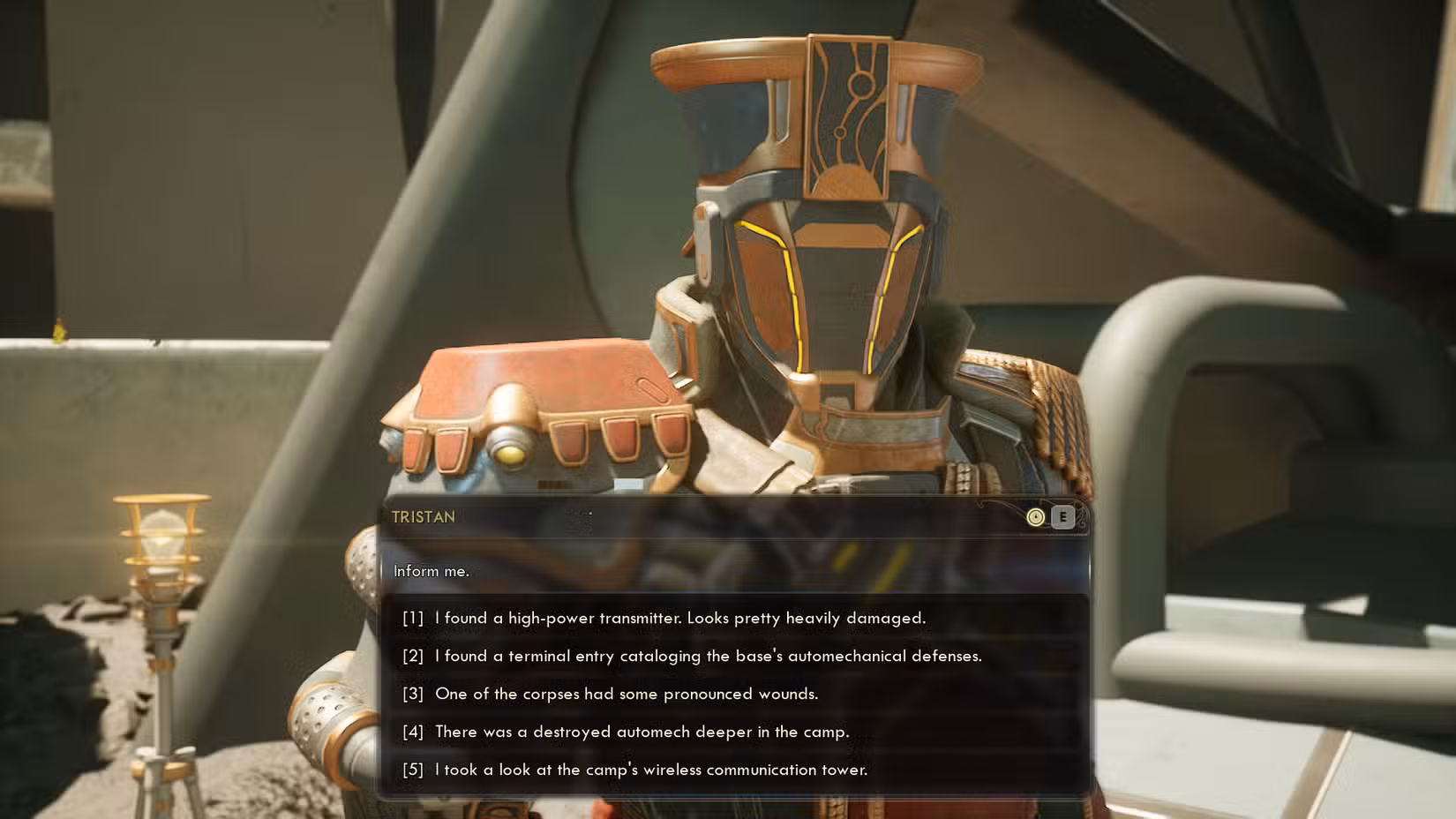 Uma captura de tela de The Outer Worlds 2 mostrando todas as opções de diálogo que aparecem ao falar com Tristan após encontrar as cinco pistas no "Medidas Arbitrárias" missão paralela