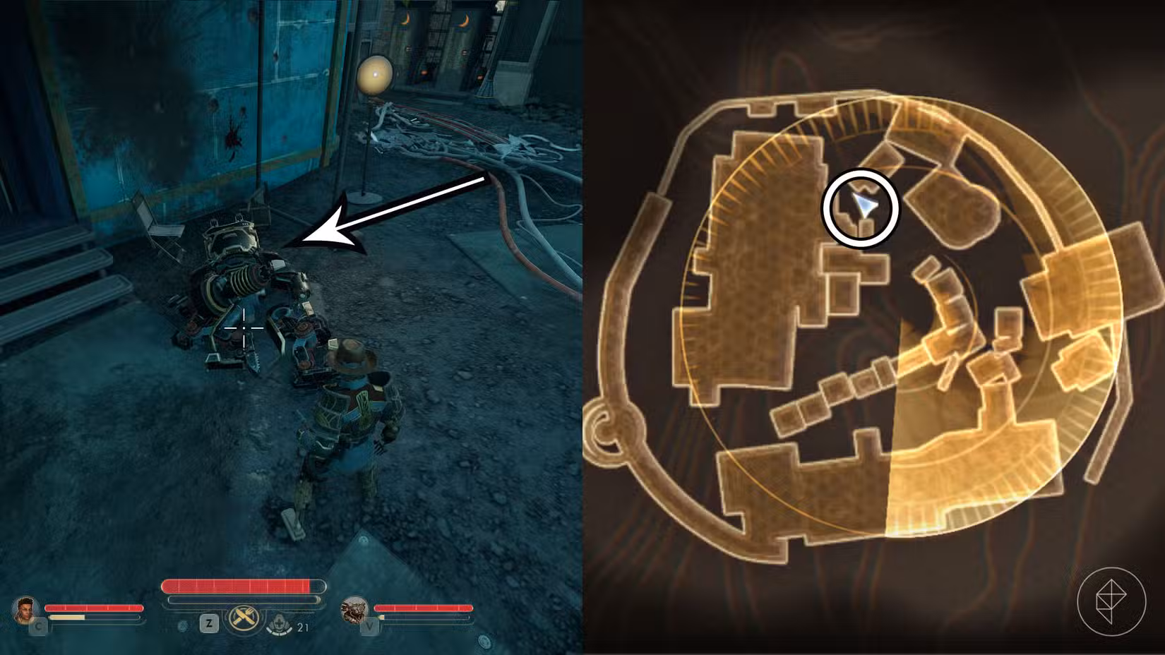 Uma montagem de duas capturas de tela de The Outer Worlds 2 mostrando onde encontrar a pista número 4 na missão Medidas Arbitrárias