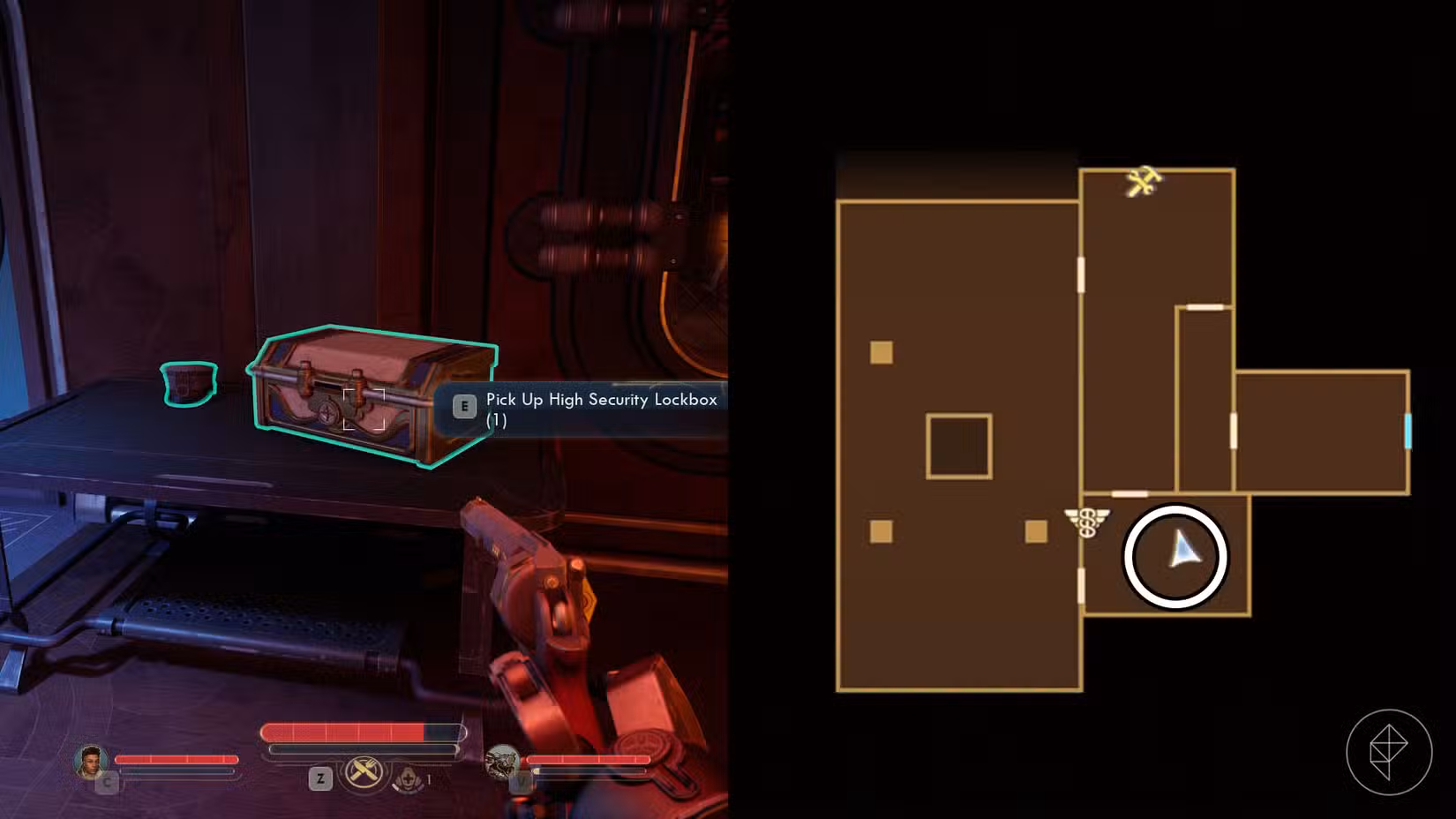 Uma montagem de duas capturas de tela de The Outer Worlds 2 mostrando a localização do cofre Tactical Trajectile Defense-Dome