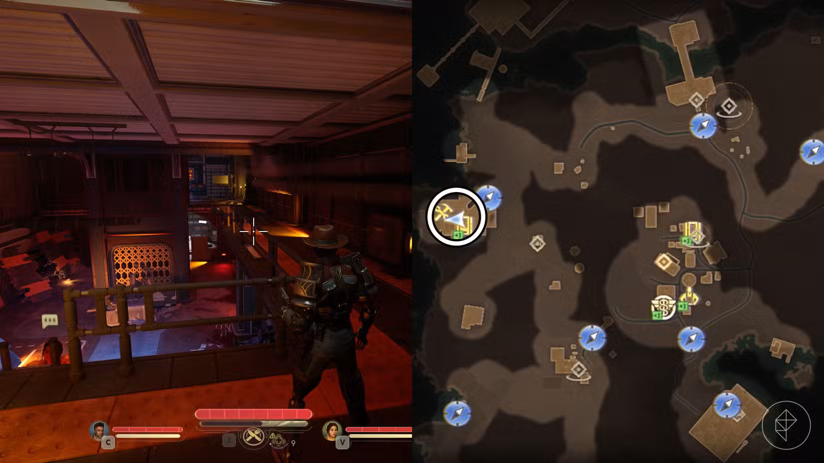 Uma montagem de duas capturas de tela de The Outer Worlds 2 mostrando a localização do cofre Tactical Trajectile Defense-Dome