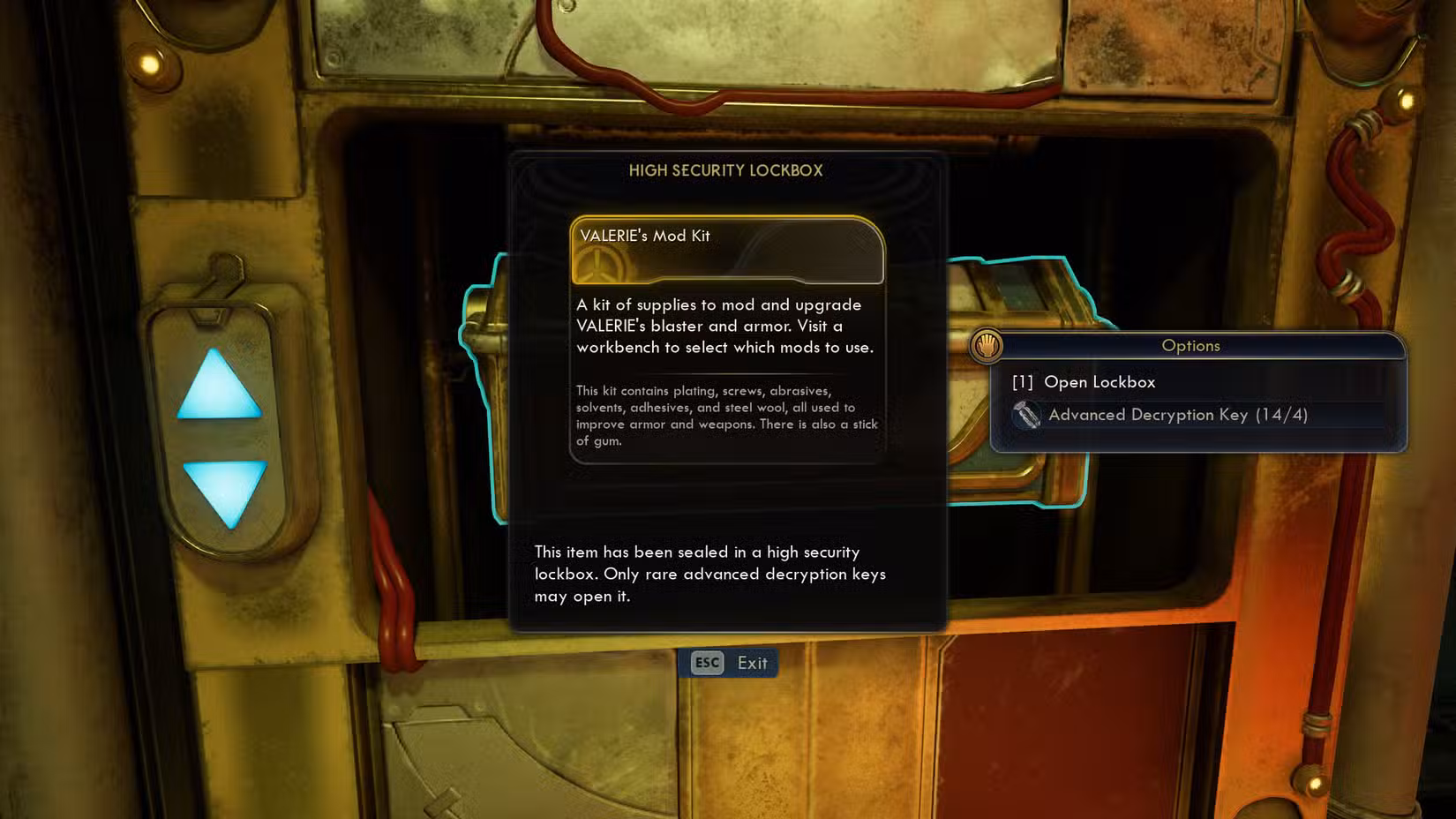 Uma captura de tela de The Outer Worlds 2 mostrando a descrição do cofre do Mod Kit de VALERIE