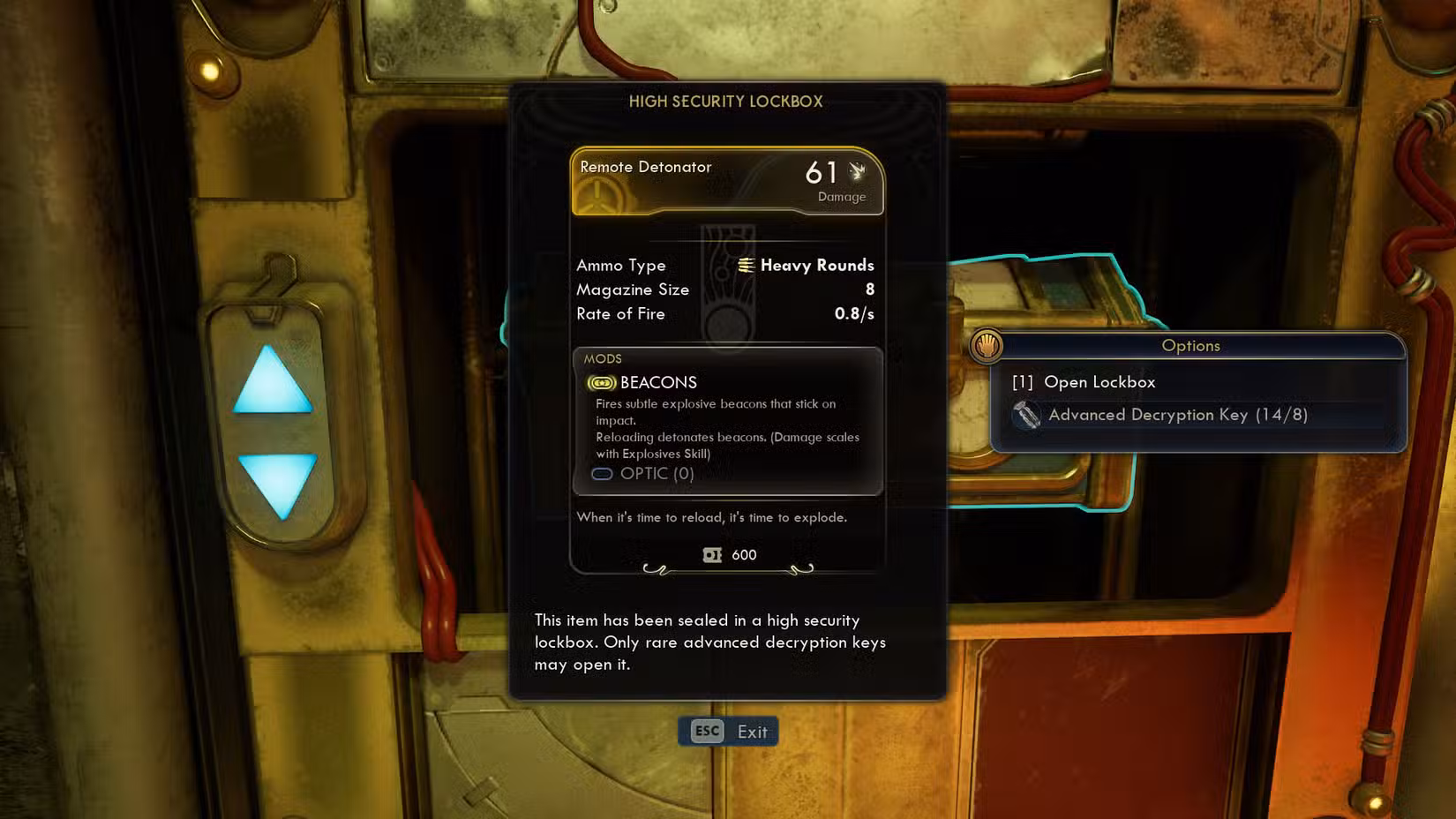 Uma captura de tela de The Outer Worlds 2 mostrando a descrição do cofre do Detonador Remoto