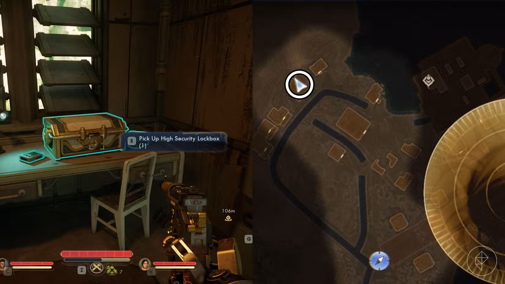 Uma montagem de duas capturas de tela de The Outer Worlds 2 mostrando a localização do cofre do Detonador Remoto