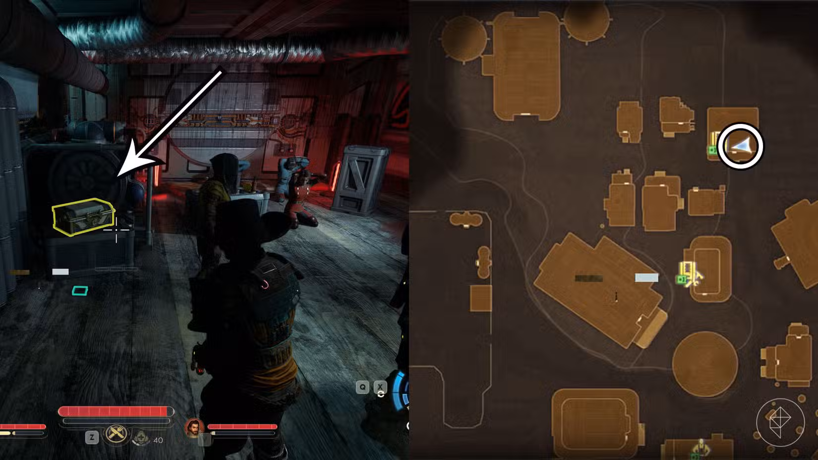 Uma montagem de duas capturas de tela de The Outer Worlds 2 mostrando a localização do cofre do Manager's Taking Hat