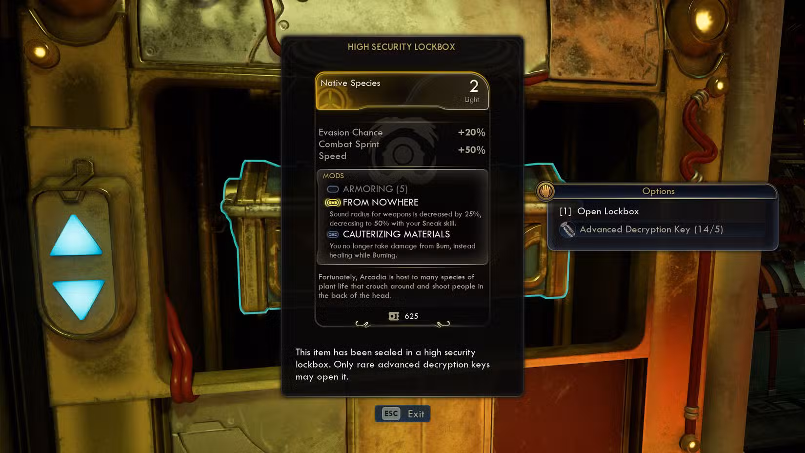 Uma captura de tela de The Outer Worlds 2 mostrando a descrição do cofre das Espécies Nativas