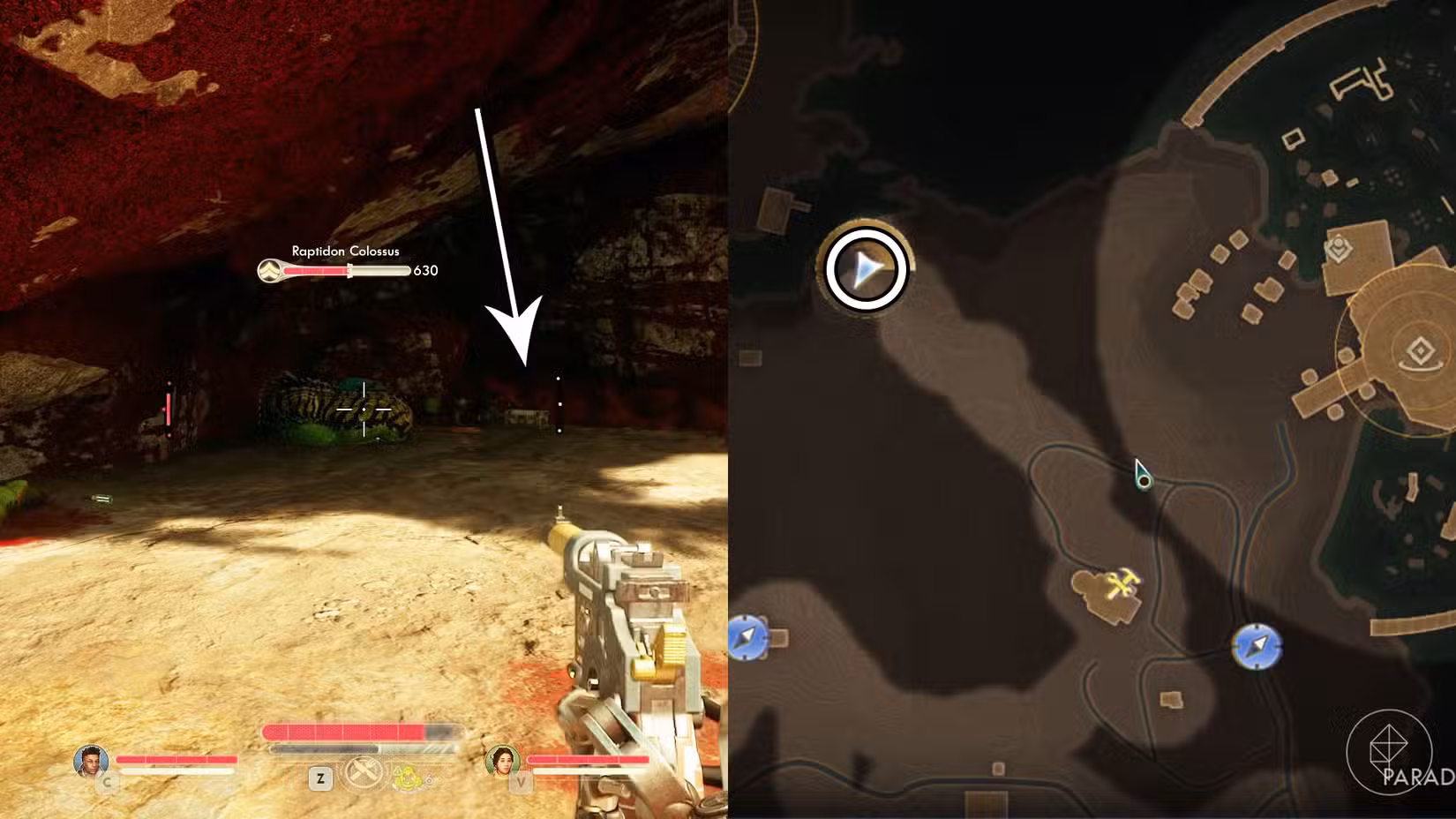 Uma montagem de duas capturas de tela de The Outer Worlds 2 mostrando a localização do cofre das Espécies Nativas