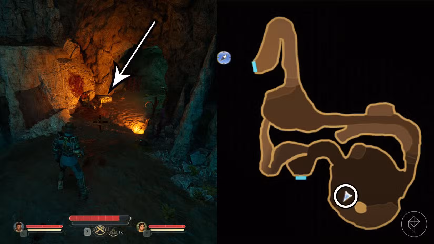 Uma montagem de duas capturas de tela de The Outer Worlds 2 mostrando a localização do cofre do Muder's Best Friend