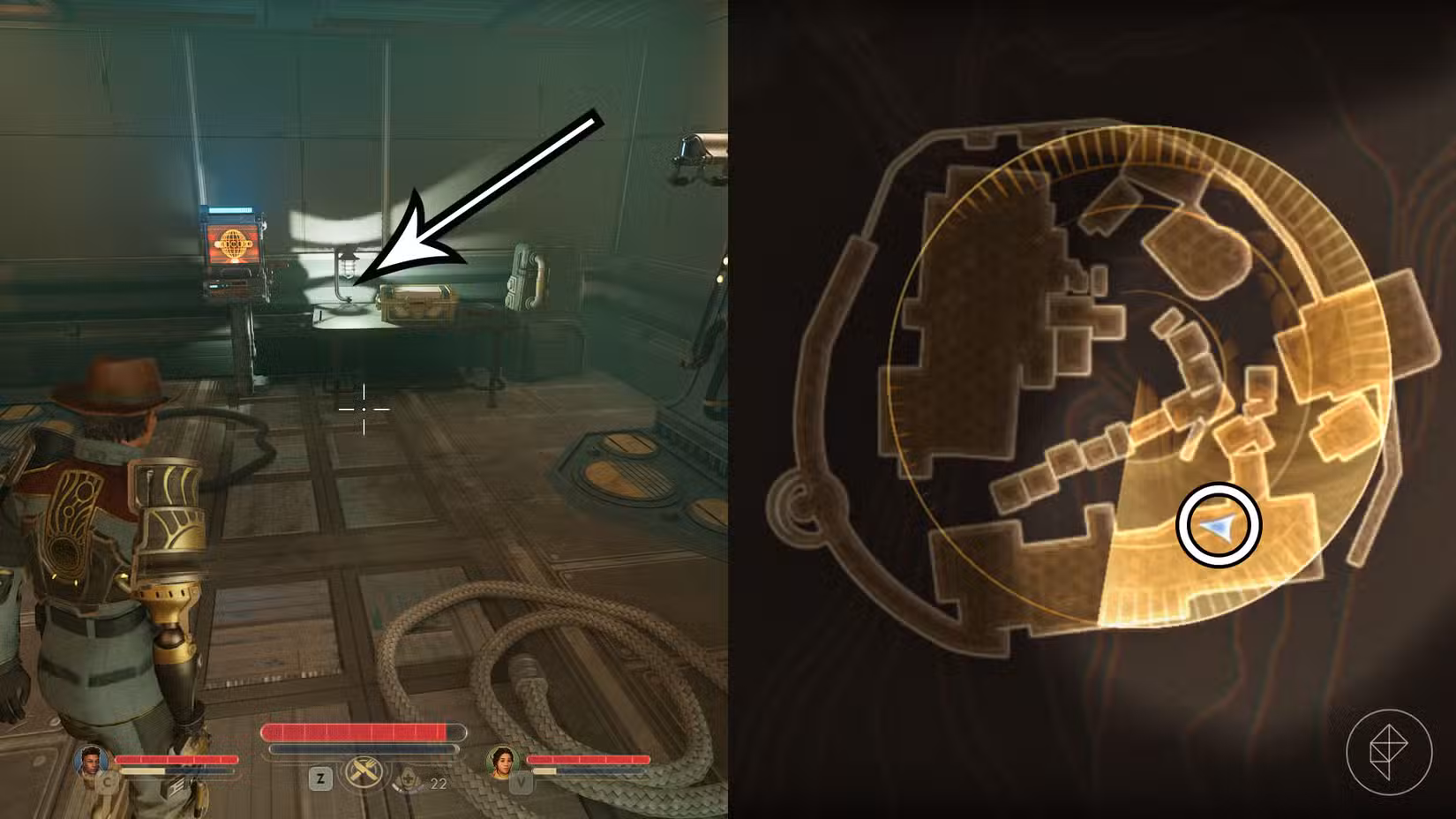 Uma montagem de duas capturas de tela de The Outer Worlds 2 mostrando a localização do cofre do Lonesome Ranger