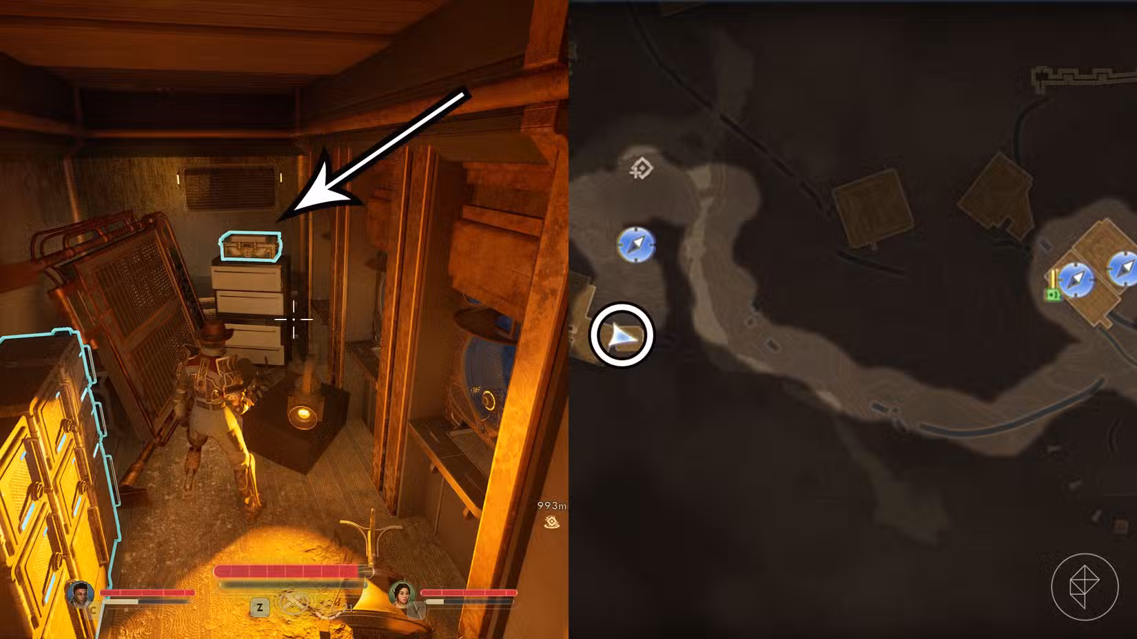 Uma montagem de duas capturas de tela de The Outer Worlds 2 mostrando a localização do cofre Bowlzerker